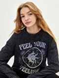 Bisiklet Yaka Baskılı Uzun Kollu Kadın Sweatshirt