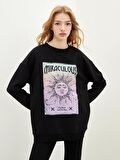 Bisiklet Yaka Baskılı Uzun Kollu Kadın Sweatshirt