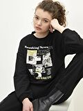 Bisiklet Yaka Baskılı Uzun Kollu Kadın Sweatshirt