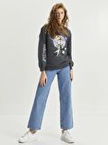 Bisiklet Yaka Faires Baskılı Uzun Kollu Kadın Sweatshirt