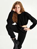 Bisiklet Yaka Kendinden Desenli Uzun Kollu Kadın Sweatshirt
