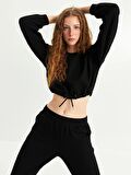 Bisiklet Yaka Kendinden Desenli Uzun Kollu Kadın Sweatshirt