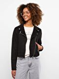 Kadın Biker Yaka Düz Deri Görünümlü Mont