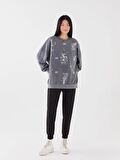 Bisiklet Yaka Bugs Bunny Baskılı Uzun Kollu Oversize Kadın Sweatshirt