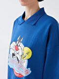 Polo Yaka Sylvester ve Tweety Baskılı Kadın Sweatshirt