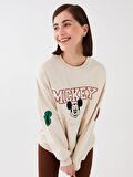 Bisiklet Yaka Mickey Mouse Baskılı Uzun Kollu Oversize Kadın Sweatshirt