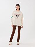 Bisiklet Yaka Mickey Mouse Baskılı Uzun Kollu Oversize Kadın Sweatshirt