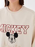 Bisiklet Yaka Mickey Mouse Baskılı Uzun Kollu Oversize Kadın Sweatshirt
