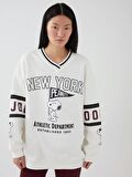 V Yaka Snoopy Baskılı Uzun Kollu Oversize Kadın Sweatshirt