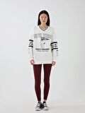 V Yaka Snoopy Baskılı Uzun Kollu Oversize Kadın Sweatshirt