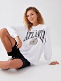 Bisiklet Yaka Baskılı Uzun Kollu Oversize Kadın Sweatshirt