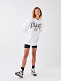 Bisiklet Yaka Baskılı Uzun Kollu Oversize Kadın Sweatshirt