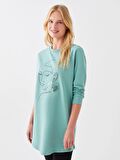 Bisiklet Yaka Baskılı Uzun Kollu Kadın Sweatshirt Tunik
