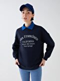 Bisiklet Yaka Baskılı Uzun Kollu Kadın Sweatshirt
