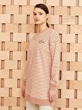 Bisiklet Yaka Çizgili Uzun Kollu Oversize Kadın Sweatshirt Tunik
