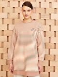 Bisiklet Yaka Çizgili Uzun Kollu Oversize Kadın Sweatshirt Tunik