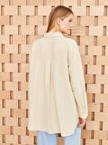 Düz Uzun Kollu Keten Karışımlı Oversize Kadın Gömlek Tunik
