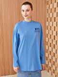 Dik Yaka Nakışlı Uzun Kollu Oversize Kadın Sweatshirt Tunik