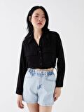 Düz Uzun Kollu Crop Poplin Kadın Gömlek