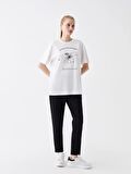 Bisiklet Yaka Baskılı Kısa Kollu Kadın Sweatshirt Tunik