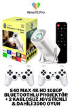 S40 Max 4K HD 1080P Bluetoothlu Projektör + 2 Kablosuz Joystickli & Dahili 3000 Oyun