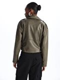 Kadın Biker Yaka Düz Deri Görünümlü Mont