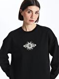 Bisiklet Yaka Baskılı Uzun Kollu Oversize Kadın Sweatshirt