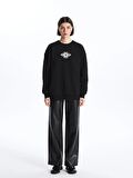 Bisiklet Yaka Baskılı Uzun Kollu Oversize Kadın Sweatshirt