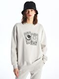 Bisiklet Yaka Baskılı Uzun Kollu Oversize Kadın Sweatshirt