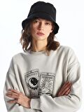 Bisiklet Yaka Baskılı Uzun Kollu Oversize Kadın Sweatshirt
