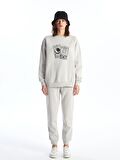 Bisiklet Yaka Baskılı Uzun Kollu Oversize Kadın Sweatshirt