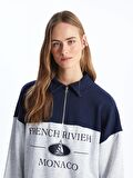 Gömlek Yaka Baskılı Uzun Kollu Oversize Kadın Sweatshirt