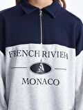 Gömlek Yaka Baskılı Uzun Kollu Oversize Kadın Sweatshirt