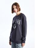Bisiklet Yaka Baskılı Uzun Kollu Oversize Kadın Sweatshirt