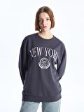 Bisiklet Yaka Baskılı Uzun Kollu Oversize Kadın Sweatshirt