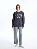 Bisiklet Yaka Baskılı Uzun Kollu Oversize Kadın Sweatshirt