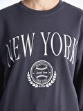 Bisiklet Yaka Baskılı Uzun Kollu Oversize Kadın Sweatshirt