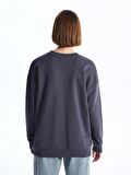 Bisiklet Yaka Baskılı Uzun Kollu Oversize Kadın Sweatshirt