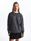 Bisiklet Yaka Nakışlı Uzun Kollu Oversize Kadın Sweatshirt