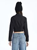 Düz Uzun Kollu Crop Poplin Kadın Gömlek