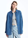 Düz Uzun Kollu Oversize Kadın Jean Gömlek