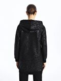 Kapüşonlu Desenli Uzun Kollu Oversize Kadın Fermuarlı Sweatshirt