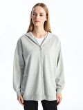Kapüşonlu Düz Uzun Kollu Kadın Fermuarlı Sweatshirt