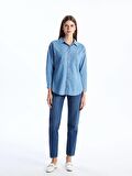Düz Uzun Kollu Oversize Kadın Jean Gömlek