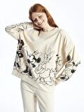 Bisiklet Yaka Mickey Mouse Baskılı Uzun Kollu Oversize Kadın Sweatshirt