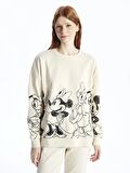 Bisiklet Yaka Mickey Mouse Baskılı Uzun Kollu Oversize Kadın Sweatshirt
