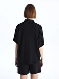 Düz Kısa Kollu Oversize Keten Karışımlı Kadın Gömlek