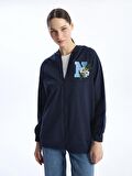 Kapüşonlu Nakışlı Uzun Kollu Oversize Kadın Fermuarlı Sweatshirt