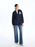 Kapüşonlu Nakışlı Uzun Kollu Oversize Kadın Fermuarlı Sweatshirt
