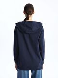 Kapüşonlu Nakışlı Uzun Kollu Oversize Kadın Fermuarlı Sweatshirt